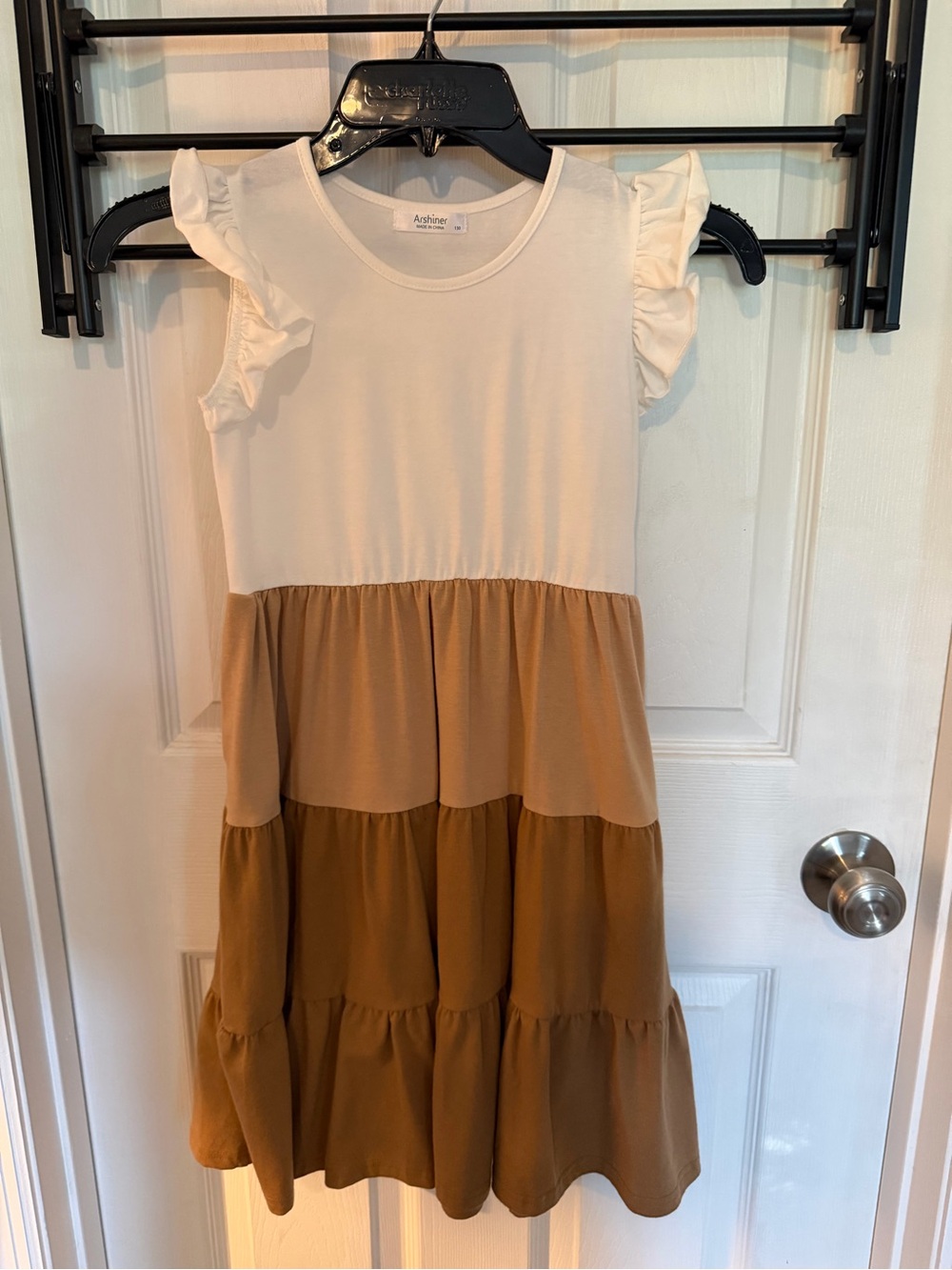 Ardene Girls Cream Top with Tan and Brown Tiered Skirt Dress